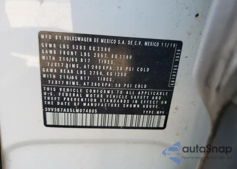 2020 Volkswagen Tiguan Se z USA, uszkodzony, nr VIN 3VV3B7AX5LM074805